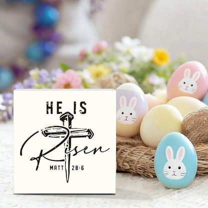 Inspirational Christian Sign Christian Decor Rustic Farmhouse Religious Jesus Decorations Gifts for Women Home Office Desk Table Shelf Decor He Is Risen Matt 28:6 Wooden Sign 5 X 5 Inch