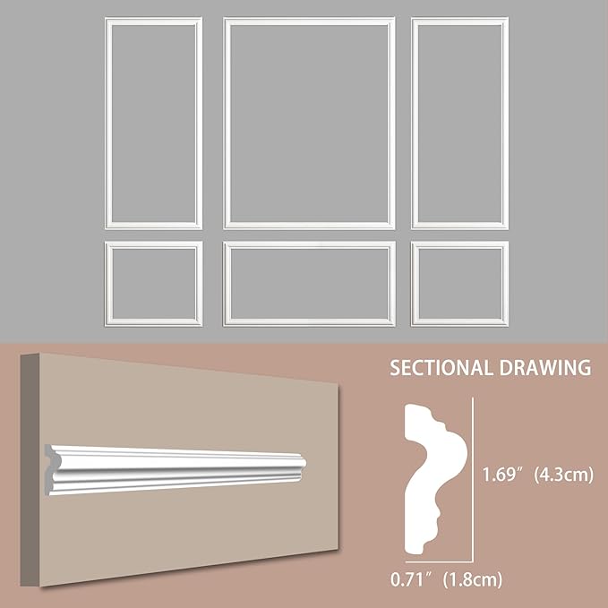 Gaahing 6 Sets Premade Accent Wall Molding Kit, Pre-Cut Wainscoting Panels, Ready to Assemble Chair Rail Moulding for Interior Decoration