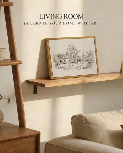 InSimSea Framed Canvas Print Art, Vintage Countryside Sketch Landscape Painting, Rustic Farmhouse Cottage Decor for Hallway Wall Floating Shelf Desk Vanity Fireplace,10x8in, Neutral Tones