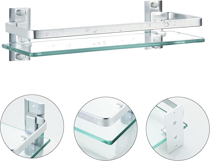 AIJALY 2 Pack Bathroom Glass Shelf,15.7 Inches Silver Bathroom Shower Glass Shelf Wall-Mounted, Metal Storage Floating Kitchen Shelf