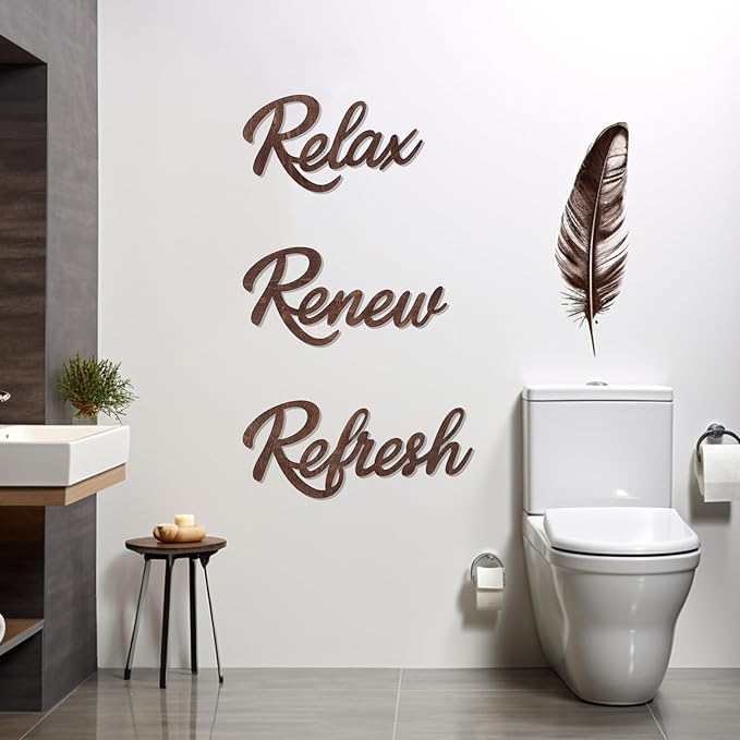 3 Pieces Bathroom Decor Wooden Bathroom Sign,Relax Renew Refresh Sign (Brown)