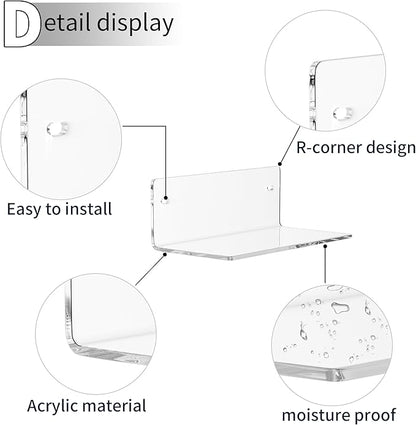 8 Inch Clear Shelf for Wall, Acrylic Small Floating Shelf, Home Wall Shelf Organizer for Room Storage, Room Décor, Space Saving, 4'' Depth, 2 Pack