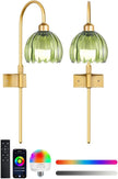 Vintage Battery Operated Wall Sconces Set of 2, Gold Rechargeable Wireless Wall Lamp Lights with Glass Lampshade & Remote,Dimmable 12 Colors Flower Wall Sconce for Bedroom Living Room Hallway