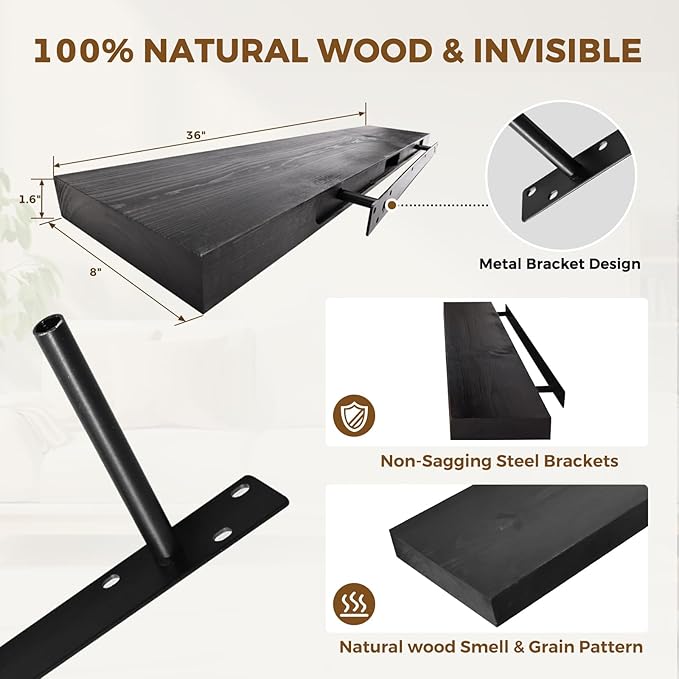 36x8x1.6 inch Floating Shelves Set of 2 – Solid Wood Rustic Black Wall Mounted Shelf for Kitchen, Bathroom, Living Room