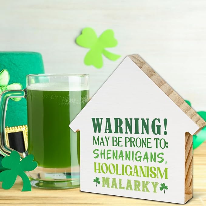 Funny St. Patrick's Day Decor, Shamrock Decorations, St. Patricks Day House Shaped Wood Block Sign, Home Office Decor for Desk Table Shelf