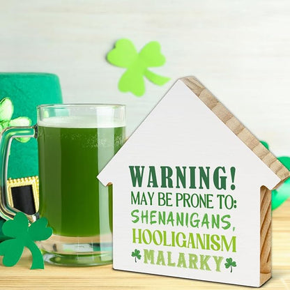 Funny St. Patrick's Day Decor, Shamrock Decorations, St. Patricks Day House Shaped Wood Block Sign, Home Office Decor for Desk Table Shelf