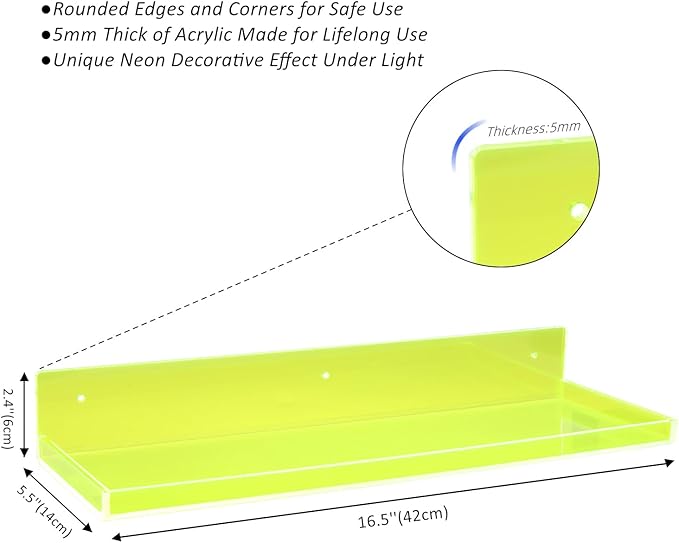 Floating Shelves for Wall Acrylic Wall Shelves for Bedroom Bathroom Living Room Kitchen 16.5X5.5'', Pack of 2, Neon Green