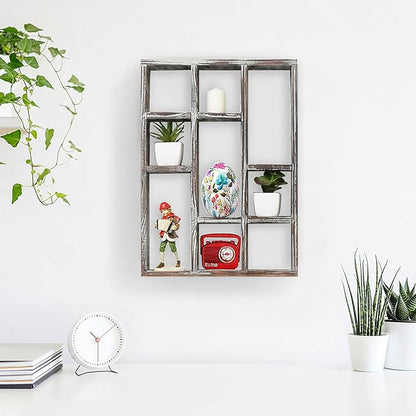 MyGift 9 Compartment Rustic Torched Solid Wood Shadow Box, Wall Mountable Curio Display Case, Freestanding or Floating Shelf for Collectible Figurines, Succulents
