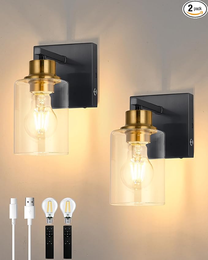 Battery Operated Wall Sconce Set of 2, Black & Gold Rechargeable Wall Lights with Timer Function, Easy Install Dimmable Wireless Wall Lamps for Living Room, Bedroom, Hallway, Entryway Decor 3000K