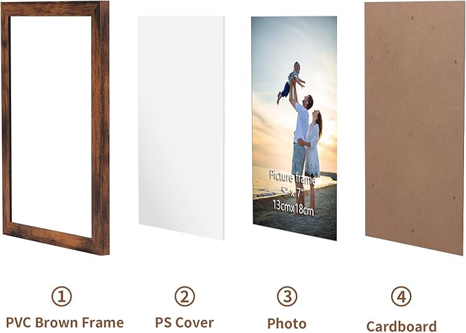 Hoikwo 18 Packs 5x7 Rustic Brown Multi Plastic Picture Frames Set with Plastic Cover for Family Photos, Artwork, Light Weight Bulk 5 by 7 Frames Pack for Wall Hanging and Table, Stylish Picture Frames