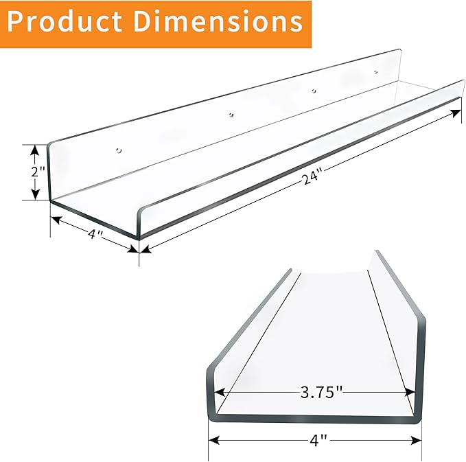 4 Pack 24-Inch Long Clear Acrylic Floating Shelves U Shape Wall Shelf for Book Display Makeup Product Spice Organizer