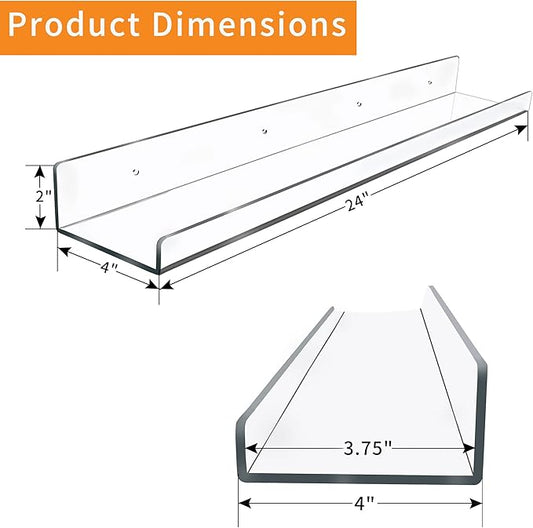 4 Pack 24-Inch Long Clear Acrylic Floating Shelves U Shape Wall Shelf for Book Display Makeup Product Spice Organizer