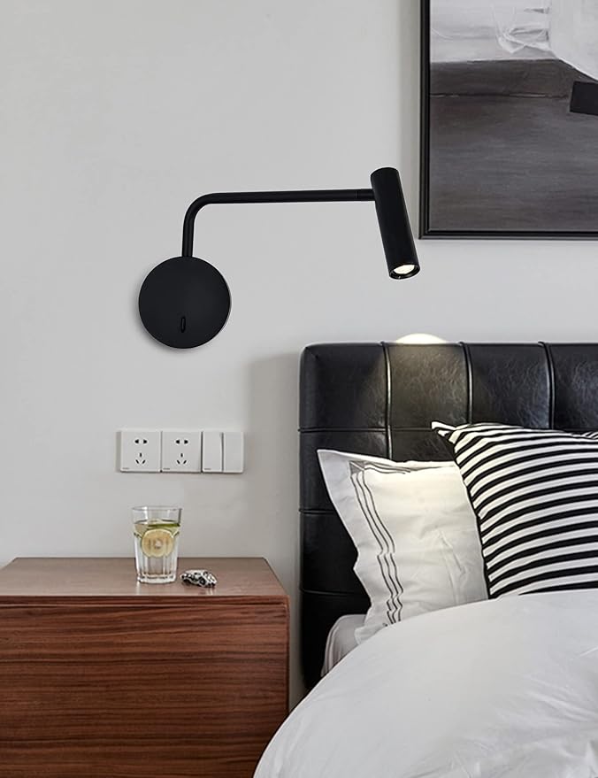 ZEROUNO Wall Mounted Reading Light for Bedroom LED Hardwired Sconce with Switch on/Off Modern 3000K Swing Arm Bedside Wall Mount Lamp (Black)