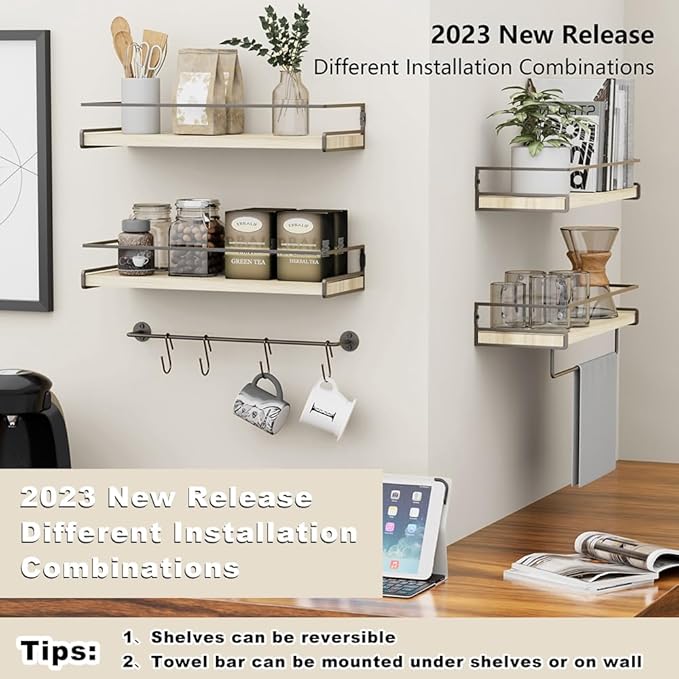 Wall Decor Floating Shelves, Home Decor with Towel Bar/Hooks, Wall Shelves for Bathroom/Living Room/Kitchen/Bedroom, (Black-Natural) Floating Bathroom Shelves