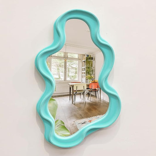 Wall Mirror Home Office Decor, Irregular Wall-Mounted Decorative Mirrors for Modern Apartment Bedroom Laundry Room Decoration, Hanging Wall Art Above TV Desk Table Decor (Turquoise Blue)