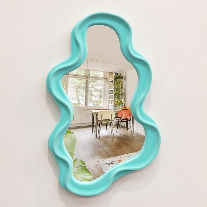 Wall Mirror Home Office Decor, Irregular Wall-Mounted Decorative Mirrors for Modern Apartment Bedroom Laundry Room Decoration, Hanging Wall Art Above TV Desk Table Decor (Turquoise Blue)