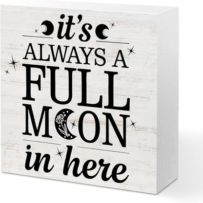 Rustic Full Moon Bathroom Wood Box Sign - It Is Always A Full Moon In Here, Humor Toilet Accessories Wood Plaque, Woods Table Decorative Signs for Office Home Dorm Tabletop Shelf Decoration