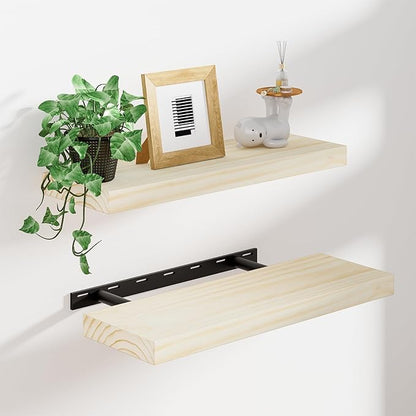 Heimlove 16 Inch Floating Shelves for Wall Solid Wood Shelves Set of 2,Wall Mounted Rustic Wood 8 Inch Deep Floating Shelf with Invisible Brackets for Bedroom Kitchen Living Room