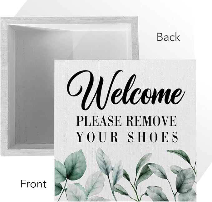 ENGVZ Wood Box Sign - Rustic Farmhouse Style 'Welcome Please Remove Your Shoes' Artwork, 5 x 5 Inches, Durable Decorative Signage for Home, Office, Gift