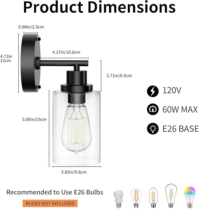 Black Wall Sconce Light: Modern Wall Sconces Indoor, LED Wall Light Fixtures with E26 Base and Clear Glass Shade, Sconces Wall Lighting for Hallway, Bedroom, Living Room, and Mirror