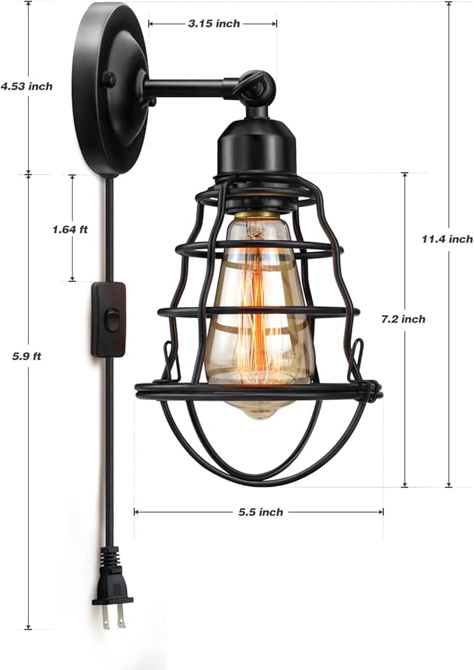 Plug in Wall Sconces 2pack, Industrial Wall Lamp with Plug in Cord, Farmhouse Wall Sconces, Wire Cage Wall Sconce, Vintage Wall Mounted Lamp, Plug in WallLighting Sconce, Black