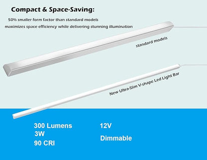 V-Shape Under Cabinet Lighting Kit - 4pcs Sleeker 12" Dimmable LED Light Bars for Showcase Shelf Seamless Illumination - 1200lm, 12W - Pure White (6000K)