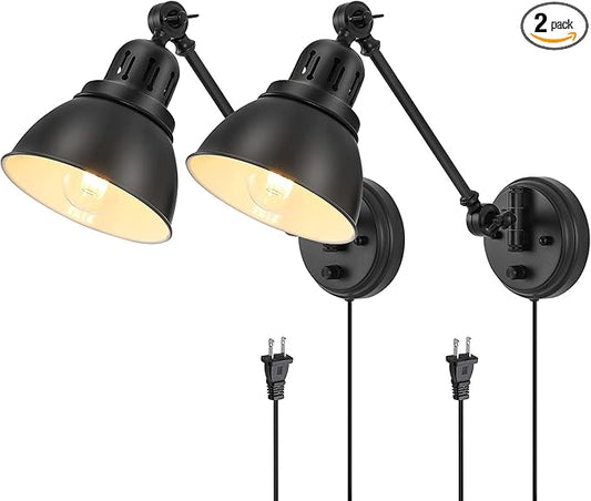 Plug in Wall Sconces Set of 2, ENCOMLI Wall Sconce Lighting with Dimmable On Off Switch, Swing Arm Wall Lamp, Black Metal Industrial Wall Light Fixtures, Safety E26 Base, 6FT Plug in Cord
