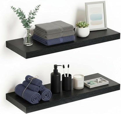 Vivelove Black Floating Shelves for Wall Mounted, 24 inchs x 9.1” Deep x 1.6” Thick Wall Shelves for Bedroom, Living Room, Bathroom，Kitchen, Office, Home Decor Shelf with Invisible Bracket - Set of 2
