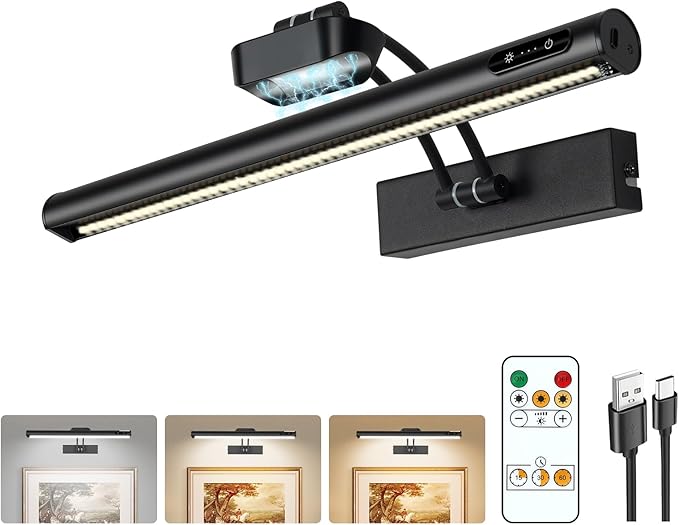 Magnetic Cordless Picture Light with Remote/Touch Control & Timer, 3CCT Dimmable, Angle Adjustable 16in Metal Wall Lights with 5000mAh Battery for Artwork, Painting, Portrait, Gallery, Photo, Black