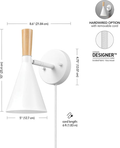 Globe Electric 65000147 1-Light Plug-in or Hardwire Wall Sconce, Matte White, Light Wood-Toned On/Off Rotary Switch on Pivoting Shade, 6ft White Braided Fabric Cord, Wall Lights for Living Room