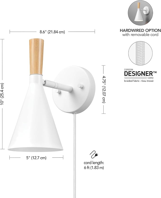 Globe Electric 65000147 1-Light Plug-in or Hardwire Wall Sconce, Matte White, Light Wood-Toned On/Off Rotary Switch on Pivoting Shade, 6ft White Braided Fabric Cord, Wall Lights for Living Room
