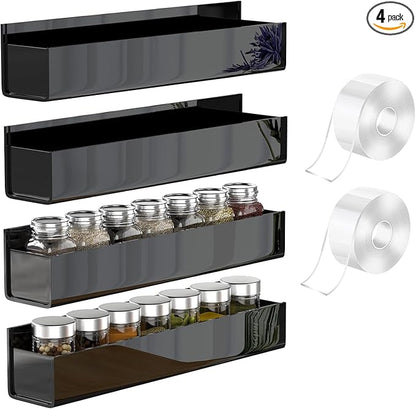 VAEHOLD 4 PACK Adhesive Acrylic Spice Rack with Nano Double Sided Tape Wall Mount Organizer (Black)