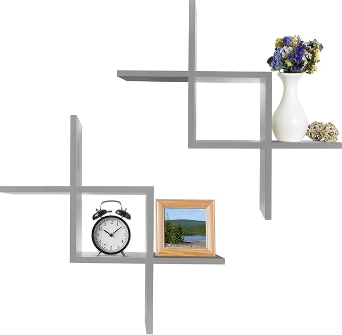 Greenco Criss Cross Intersecting Wall Mounted Floating Shelves Gray Finish, 2-Pack,