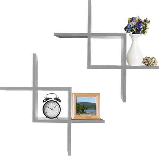 Greenco Criss Cross Intersecting Wall Mounted Floating Shelves Gray Finish, 2-Pack,