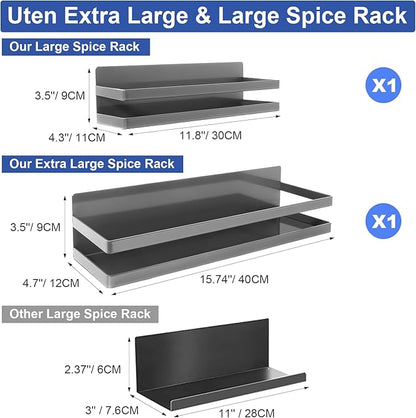 Uten Large Magnetic Spice Rack for Refrigerator, 2 Pack Enhanced Magnetic Shelves, Magnetic Shelf Moveable Fridge Organizer for Kitchen Holding Spices, Jars, Perfect Space Saver Storage Spice Rack