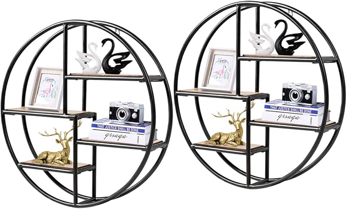 Tangkula Round Wall Shelf, Wall-Mounted Circular Shelf, Wood & Iron Wall Hanging Shelves, 4-Tier Circle Shelf Wall Decor for Home Office, Circular Floating Shelves (2, Black)