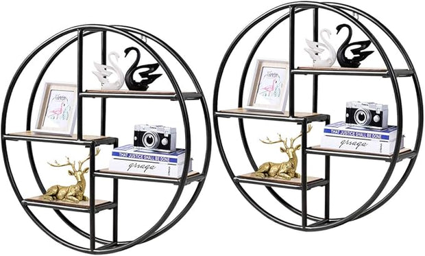 Tangkula Round Wall Shelf, Wall-Mounted Circular Shelf, Wood & Iron Wall Hanging Shelves, 4-Tier Circle Shelf Wall Decor for Home Office, Circular Floating Shelves (2, Black)