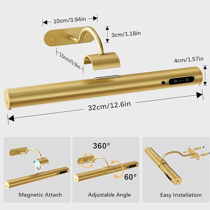 Hapfish Picture Lights for Wall Battery Operated, Wireless Art Light for Paintings, Rechargeable Wall Sconce for Picture with Remote Control, Dimmable Wall Lighting for Gallery Dartboard Mirror - Gold