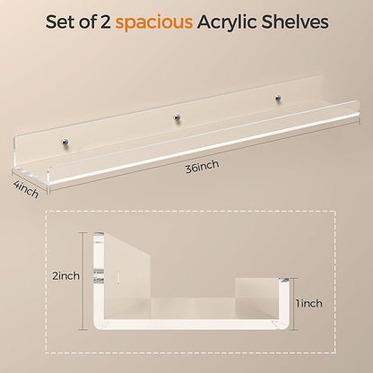 36 Inches Clear Acrylic Floating Shelves Wall, Bookshelf for Kids, Nursery Book Shelves, Magazine Rack, Picture Ledge Shelf for Photo Frames Vinyl Records, Pack of 3
