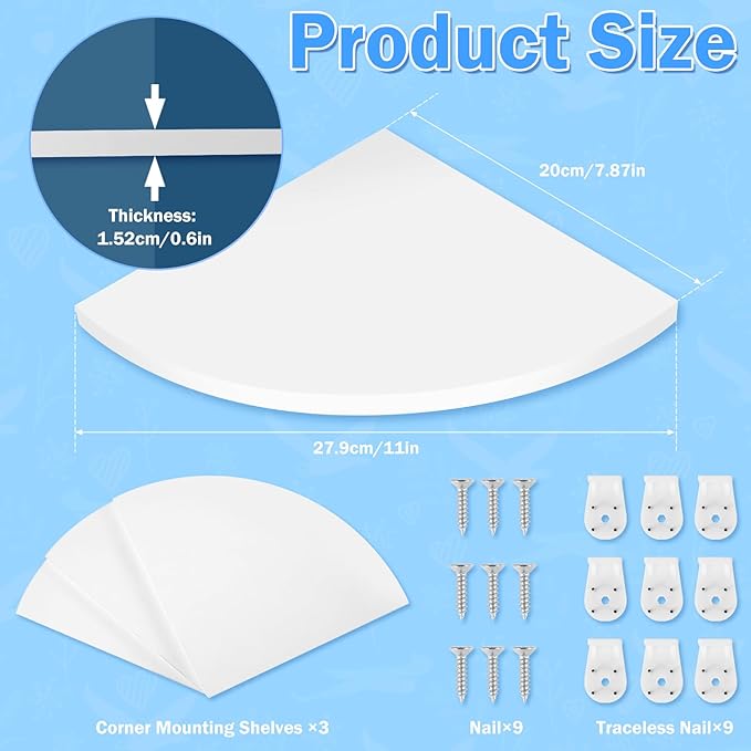 3Pcs Corner Mounting Shelf 20cm Wall Mounted Space Saving Wall Corner Shelf Easy to Install Corner Floating Shelves Minimalist Corner Wall Shelf for Bedroom Living Room Bathroom ZHAZHAMO