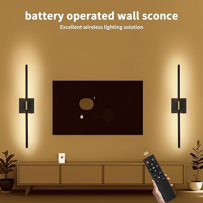 Battery Operated Wall Sconce Set of 2 Rechargeable Wireless Cordless 12000ma 360° Rotation Large Wall Lights lamp Modern Decor Linear Long Metal Black Gold 28
