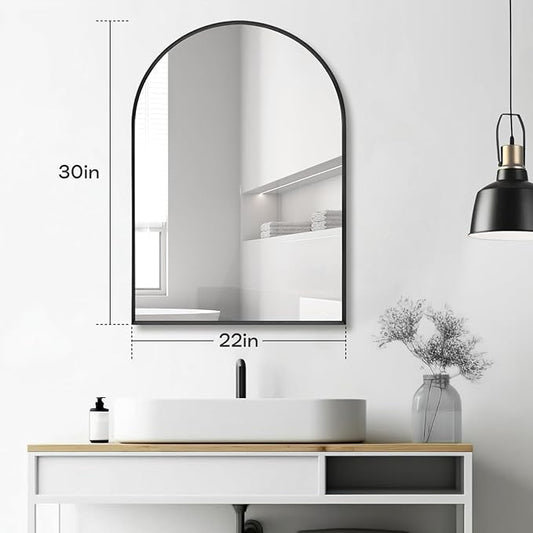 22" x 30" Black Arched Mirror, Arch Wall Mirror, Metal Frame Black Bathroom Mirror, Arched Top Bathroom Vanity Mirror for Living Room, Bedroom, Entryway, Tempered Glass, Shatter Proof