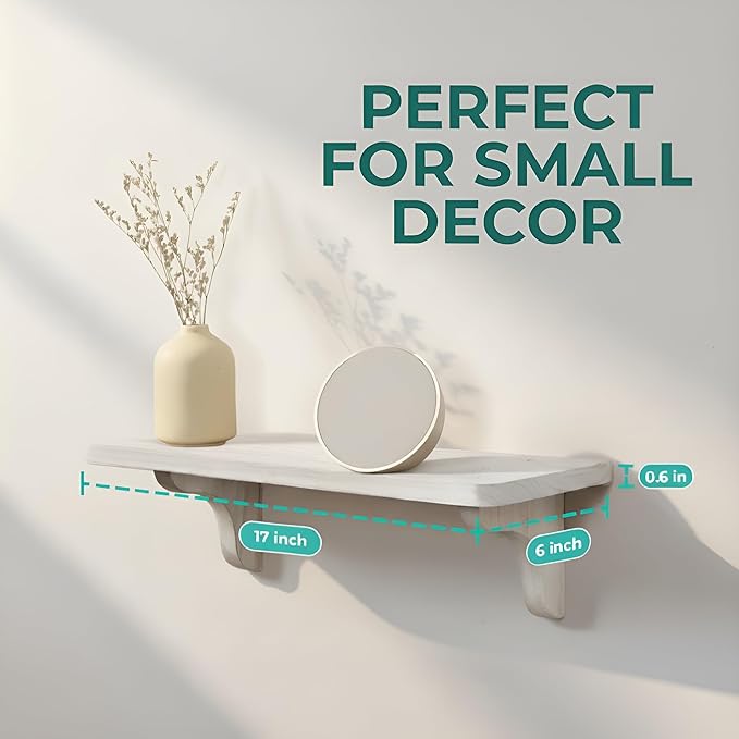 Real Wood White Wall Shelves for Bathroom - 17 inch (2 Pack) - Easy to Install, Template and Video Included - Long Wall Mounted Shelves for Office, Living Room, Bedroom, Kid's Room, and Kitchen