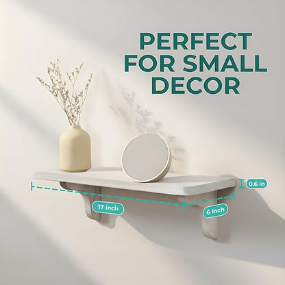 Real Wood White Wall Shelves for Bathroom - 17 inch (2 Pack) - Easy to Install, Template and Video Included - Long Wall Mounted Shelves for Office, Living Room, Bedroom, Kid's Room, and Kitchen