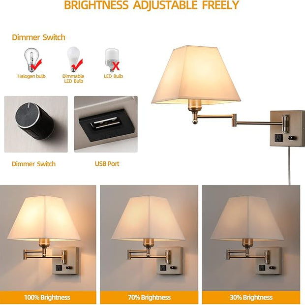 Plug in Wall Light,Swing Arm Wall Sconces with USB Port and Outlet,Wall Lamp with White Fabric Shade Dimmable Switch for Bedroom, Living Room , Office Nickel