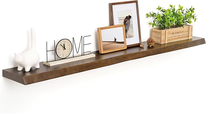 RICHFOCUS Live Edge Wood Floating Shelves 55" Natural Solid Wood Wall Mounted Shelf|Extra Long Floating Shelves for Wall with Invisible Bracket for Bathroom Kitchen Room|1Pcs, Walnut