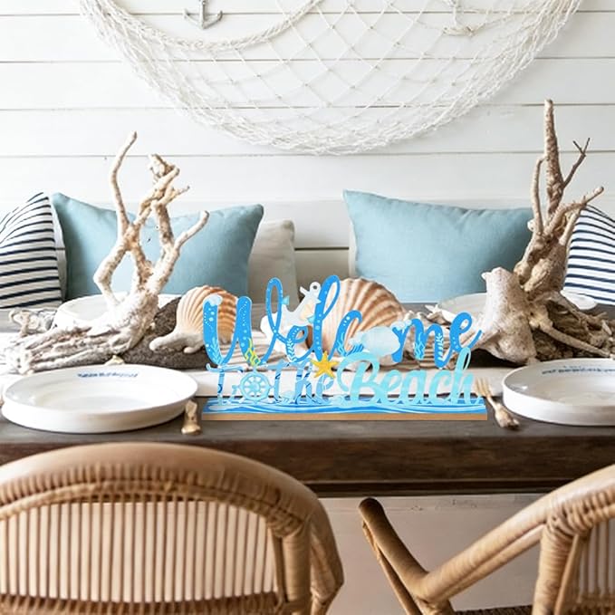 MEETYAMOR Coastal Beach Decor, Wood Metal Welcome to the Beach Sign for Table Decor, Farmhouse Rustic Nautical Ocean Decorations for Home, Living Room, Mantel, Shelf