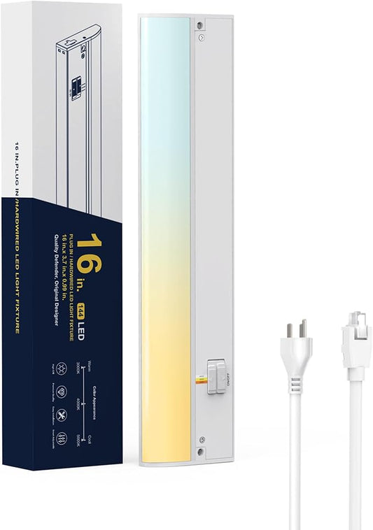 16" LED Under Cabinet Lighting Hardwired & Plug in, 3CCT Selectable (Warm White, Cool White and Daylight) Stepless Dimmable, Linkable with 2 Cords Under Counter Lights for Kitchen, CRI94, Matte White