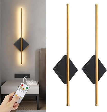Battery Operated Wall Sconces Set of Two, Modern Sconces Wireless Cordless Rechargeable Light with Remote, Gold and Black Wall Lamp Dimmable Home Decor for Bedroom Living Room Hallway Timing 23.6 Inch