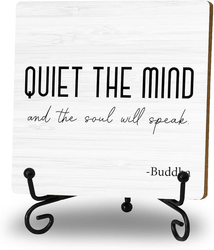 Zen Decor, Meditation Accessories, Spiritual Decorations, Zen Meditation Gifts for Office Yoga Room Bedroom Decors, Quiet The Mind And The Soul Will Speak Sign Wood Plaque with Support Stand